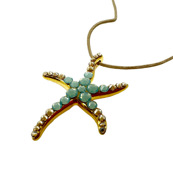 Ekaterini Halskette, Starfish, Seestern, aquablaue Swarovski Kristalle an brauner Kordel und goldenen Akzenten, seitliche